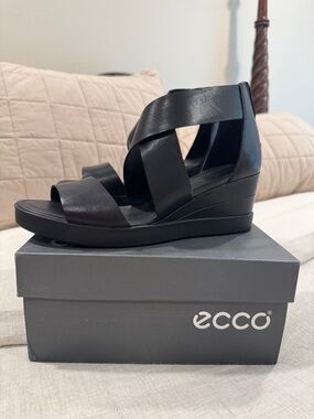 Ecco Black Leather Wedge Sandals - Cross Strap Women's Wedges
